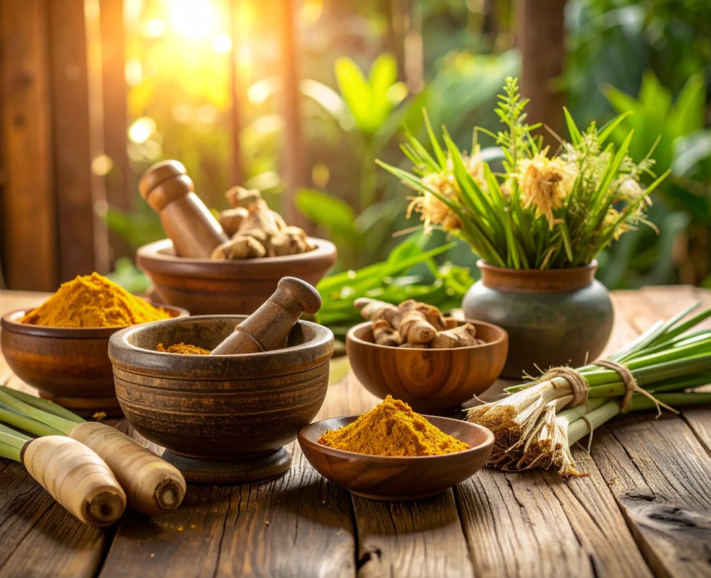natural herbs and spices arrangement with turmeric, ginger, and lemongrass.