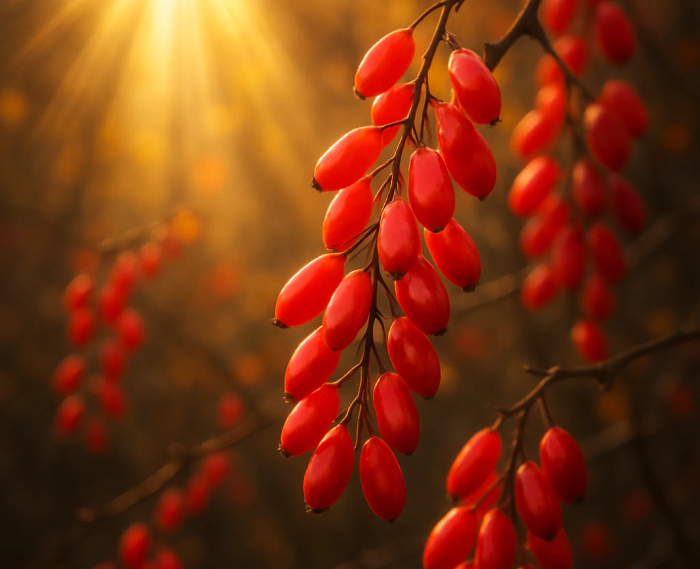 Barberry branches with red berries in sunlight