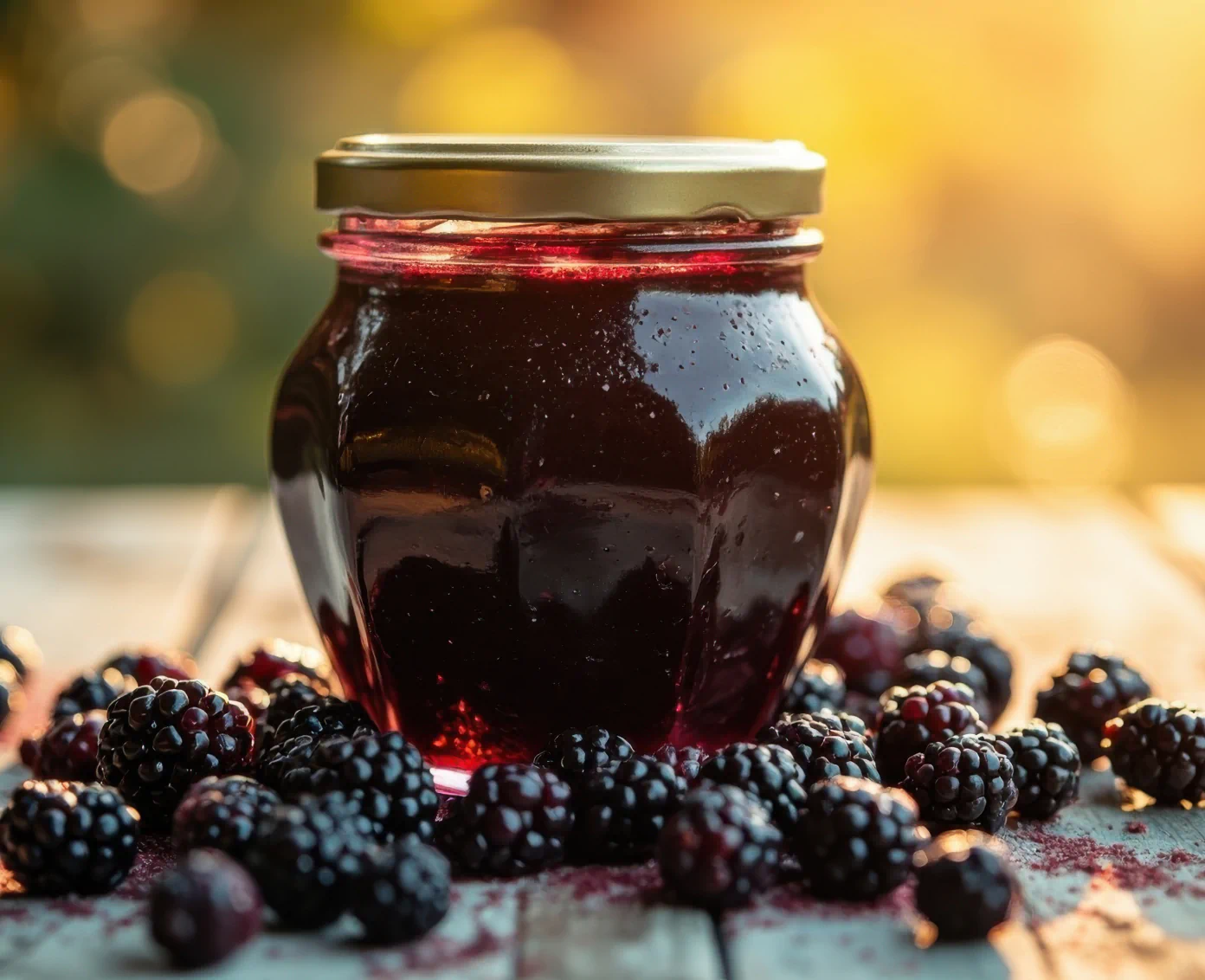Jar of blackberry jam with fresh blackberries
