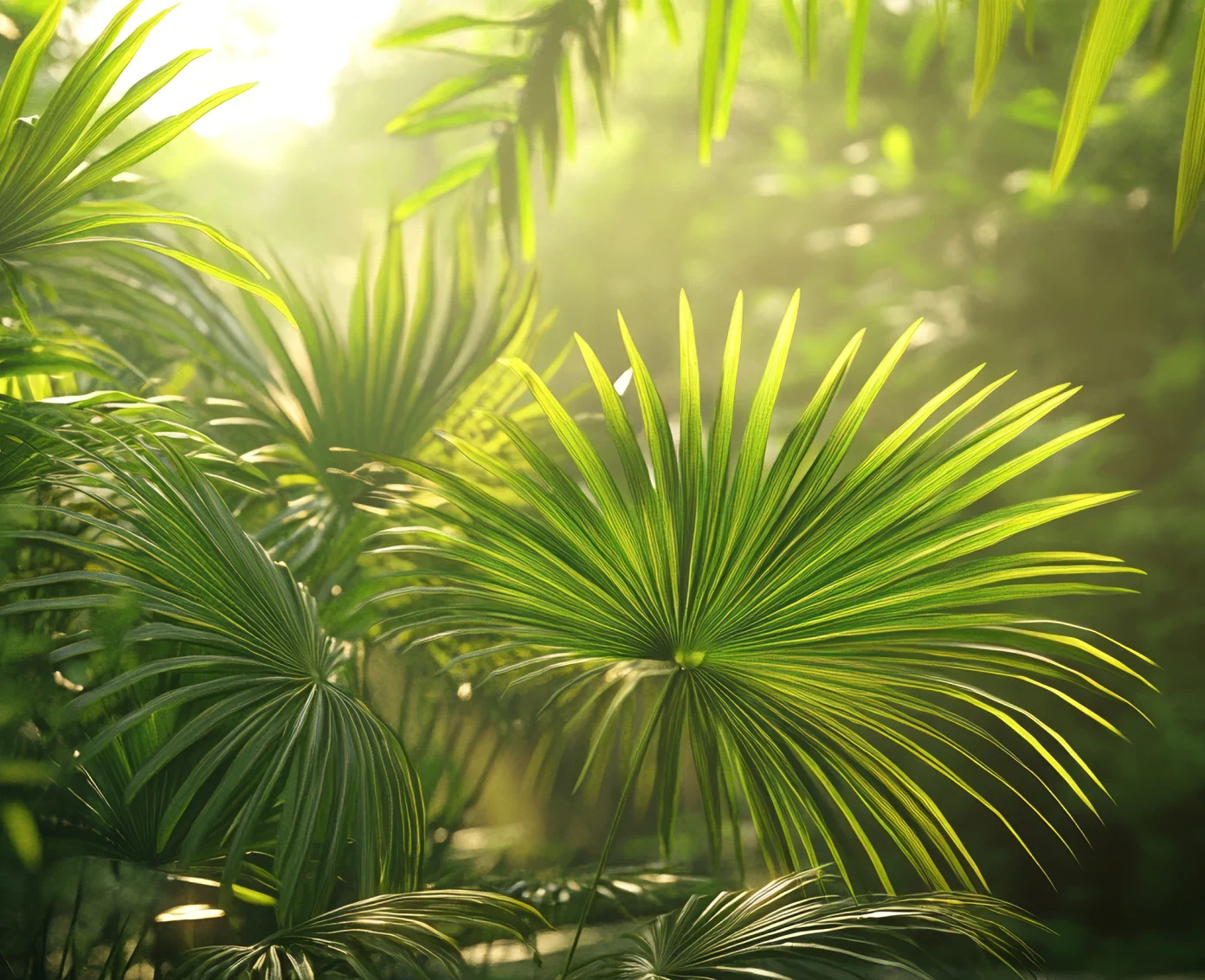 Saw palmetto palm leaves in sunlight